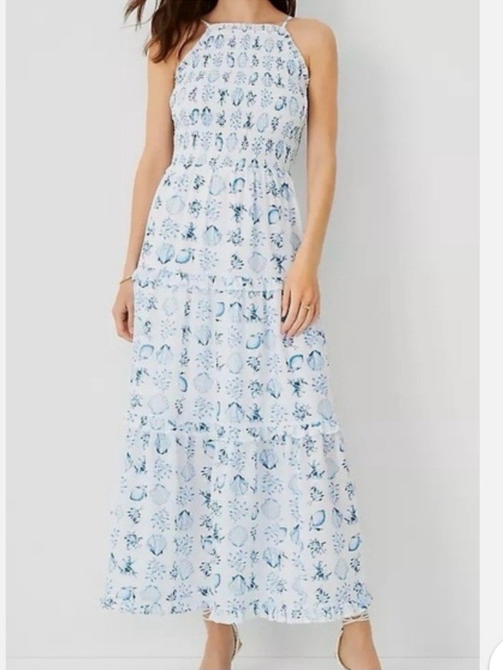 Like New Ann Taylor White Maxi Dress with Blue Shell Print